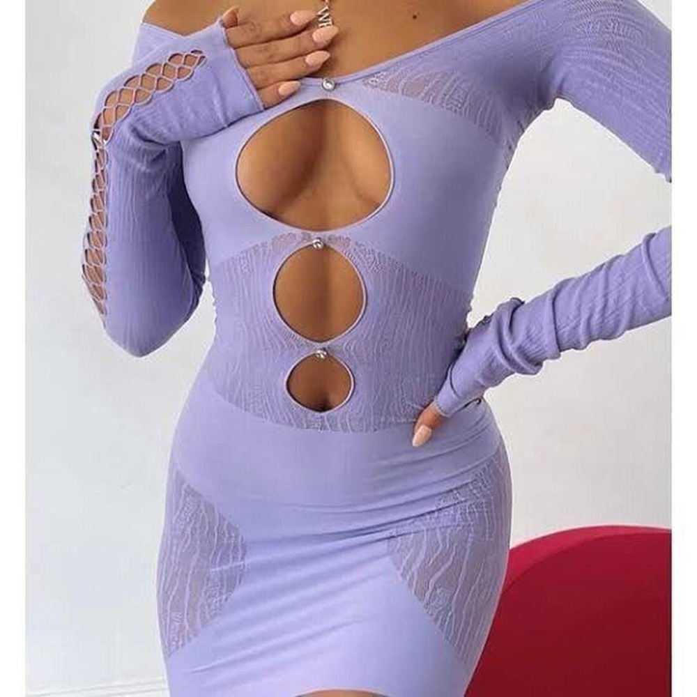 White Fox Purple One of a Kind Stretchy Mini Longsleeve Dress with Cutouts - OS